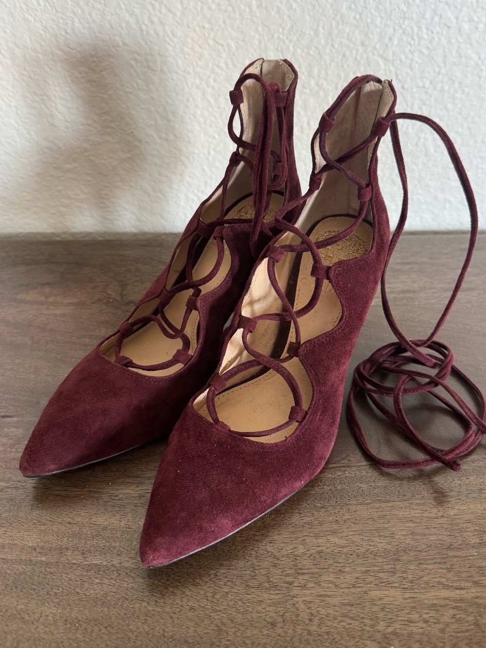 Vince Camuto Burgundy Suede Leather Stiletto Lace-Up Heels 6